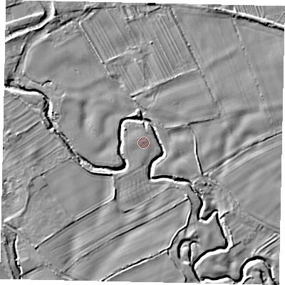 Shaded relief map of the ground around YO139BY, computed from Environment Agency LiDAR. The ground here sits at about 32 m above sea level and falls 7 m across the surrounding 800 m. Surface water reaching this point runs off ground lying to the west, 0.6 m higher.