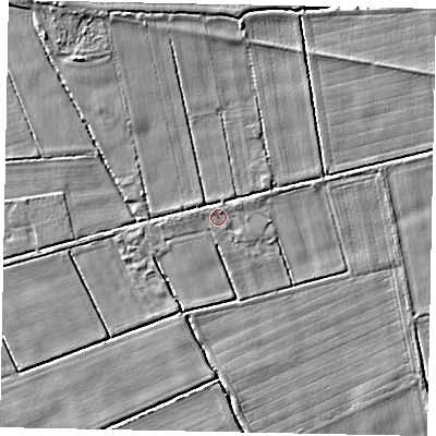 Shaded relief map of the ground around YO139DH, computed from Environment Agency LiDAR. The ground here sits at about 24 m above sea level and falls 5 m across the surrounding 800 m. Surface water reaching this point runs off ground lying to the east-north-east, 0.5 m higher.