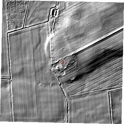 Shaded relief map of the ground around YO139DS, computed from Environment Agency LiDAR. The ground here sits at about 26 m above sea level and falls 6 m across the surrounding 800 m. Surface water reaching this point runs off ground lying to the north-east, 1.1 m higher.