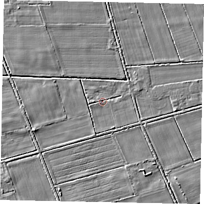 Shaded relief map of the ground around YO139EE, computed from Environment Agency LiDAR. The ground here sits at about 22 m above sea level and falls 4 m across the surrounding 800 m. Surface water reaching this point runs off ground lying to the south-south-east, 3.2 m higher.
