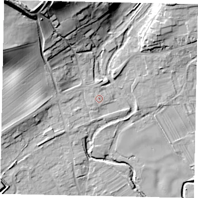 Shaded relief map of the ground around YO139HH, computed from Environment Agency LiDAR. The ground here sits at about 35 m above sea level and falls 36 m across the surrounding 800 m. Surface water reaching this point runs off ground lying to the north, 0.8 m higher.