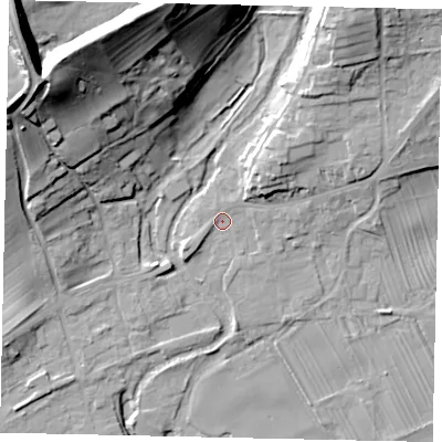 Shaded relief map of the ground around YO139HJ, computed from Environment Agency LiDAR. The ground here sits at about 34 m above sea level and falls 36 m across the surrounding 800 m. Surface water reaching this point runs off ground lying to the north-north-east, 1.1 m higher.