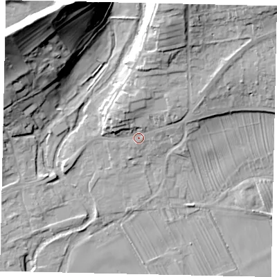 Shaded relief map of the ground around YO139HL, computed from Environment Agency LiDAR. The ground here sits at about 36 m above sea level and falls 35 m across the surrounding 800 m. Surface water reaching this point runs off ground lying to the north-north-east, 14.5 m higher.