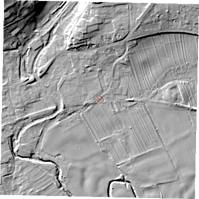 Shaded relief map of the ground around YO139HW, computed from Environment Agency LiDAR. The ground here sits at about 33 m above sea level and falls 23 m across the surrounding 800 m. Surface water reaching this point runs off ground lying to the west-south-west, 1.1 m higher.
