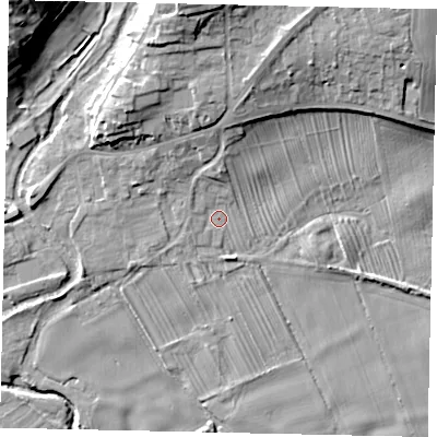 Shaded relief map of the ground around YO139HX, computed from Environment Agency LiDAR. The ground here sits at about 33 m above sea level and falls 22 m across the surrounding 800 m. Surface water reaching this point runs off ground lying to the north, 6.6 m higher.