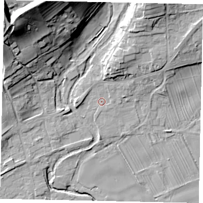 Shaded relief map of the ground around YO139HY, computed from Environment Agency LiDAR. The ground here sits at about 34 m above sea level and falls 36 m across the surrounding 800 m. Surface water reaching this point runs off ground lying to the north-north-east, 7.2 m higher.