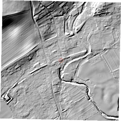 Shaded relief map of the ground around YO139JA, computed from Environment Agency LiDAR. The ground here sits at about 35 m above sea level and falls 22 m across the surrounding 800 m. Surface water reaching this point runs off ground lying to the west, 1.1 m higher.