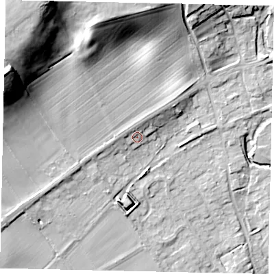 Shaded relief map of the ground around YO139JE, computed from Environment Agency LiDAR. The ground here sits at about 38 m above sea level and falls 32 m across the surrounding 800 m. Surface water reaching this point runs off ground lying to the north-west, 2.8 m higher.
