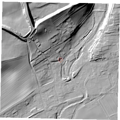 Shaded relief map of the ground around YO139JT, computed from Environment Agency LiDAR. The ground here sits at about 35 m above sea level and falls 340282346638528859811704183484516925440 m across the surrounding 800 m. Surface water reaching this point runs off ground lying to the north-west, 33.1 m higher.