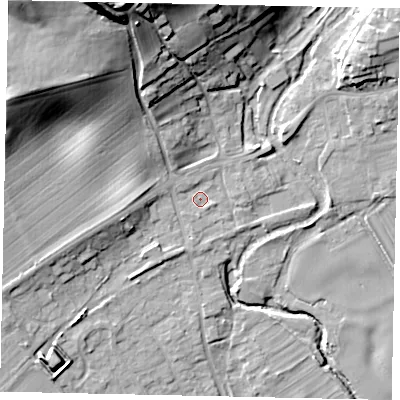 Shaded relief map of the ground around YO139LQ, computed from Environment Agency LiDAR. The ground here sits at about 35 m above sea level and falls 35 m across the surrounding 800 m. Surface water reaching this point runs off ground lying to the north-north-west, 30.5 m higher.