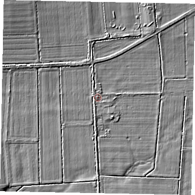 Shaded relief map of the ground around YO139NA, computed from Environment Agency LiDAR. The ground here sits at about 23 m above sea level and falls 6 m across the surrounding 800 m. Surface water reaching this point runs off ground lying to the north-west, 0.7 m higher.