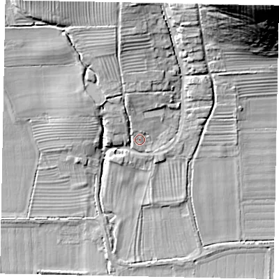 Shaded relief map of the ground around YO139ND, computed from Environment Agency LiDAR. The ground here sits at about 28 m above sea level and falls 34 m across the surrounding 800 m. Surface water reaching this point runs off ground lying to the north, 11.6 m higher.