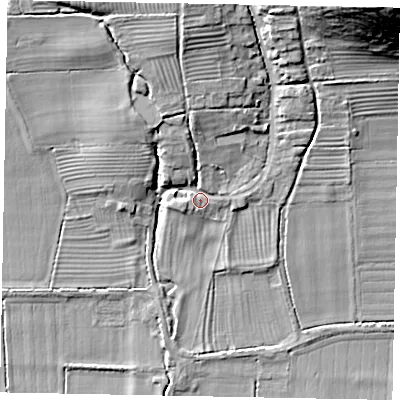 Shaded relief map of the ground around YO139NF, computed from Environment Agency LiDAR. The ground here sits at about 28 m above sea level and falls 26 m across the surrounding 800 m. Surface water reaching this point runs off ground lying to the north, 11.3 m higher.