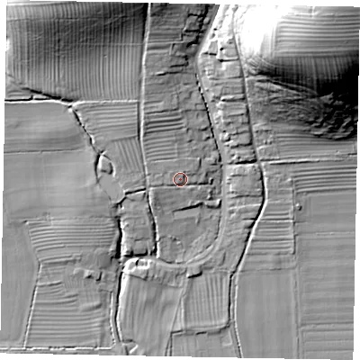 Shaded relief map of the ground around YO139NL, computed from Environment Agency LiDAR. The ground here sits at about 33 m above sea level and falls 43 m across the surrounding 800 m. Surface water reaching this point runs off ground lying to the north-west, 2.1 m higher.