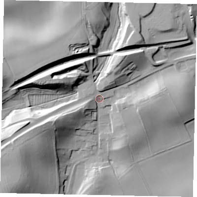 Shaded relief map of the ground around YO139QA, computed from Environment Agency LiDAR. The ground here sits at about 42 m above sea level and falls 33 m across the surrounding 800 m. Surface water reaching this point runs off ground lying to the north-north-west, 21.2 m higher.