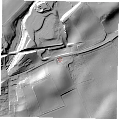 Shaded relief map of the ground around YO139QB, computed from Environment Agency LiDAR. The ground here sits at about 43 m above sea level and falls 35 m across the surrounding 800 m. Surface water reaching this point runs off ground lying to the south, 5.6 m higher.
