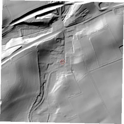 Shaded relief map of the ground around YO139QP, computed from Environment Agency LiDAR. The ground here sits at about 33 m above sea level and falls 34 m across the surrounding 800 m. Surface water reaching this point runs off ground lying to the north-north-west, 29.9 m higher.