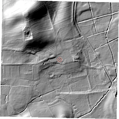 Shaded relief map of the ground around YO139QS, computed from Environment Agency LiDAR. The ground here sits at about 30 m above sea level and falls 28 m across the surrounding 800 m. Surface water reaching this point runs off ground lying to the north-west, 2.3 m higher.