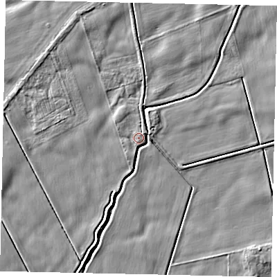 Shaded relief map of the ground around YO139QX, computed from Environment Agency LiDAR. The ground here sits at about 24 m above sea level and falls 3 m across the surrounding 800 m. Surface water reaching this point runs off ground lying to the north-north-east, 1.3 m higher.