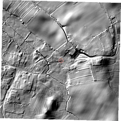 Shaded relief map of the ground around YO140EW, computed from Environment Agency LiDAR. The ground here sits at about 35 m above sea level and falls 25 m across the surrounding 800 m. Surface water reaching this point runs off ground lying to the east, 18.6 m higher.