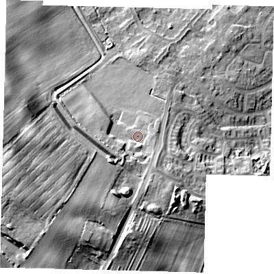 Shaded relief map of the ground around YO140HG, computed from Environment Agency LiDAR. The ground here sits at about 47 m above sea level and falls 22 m across the surrounding 800 m. Surface water reaching this point runs off ground lying to the south-south-west, 9.3 m higher.