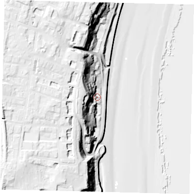 Shaded relief map of the ground around YO149LA, computed from Environment Agency LiDAR. The ground here sits at about 9 m above sea level and falls 39 m across the surrounding 800 m. Surface water reaching this point runs off ground lying to the west, 23.8 m higher.