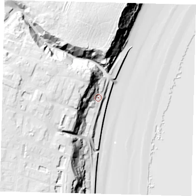 Shaded relief map of the ground around YO149LE, computed from Environment Agency LiDAR. The ground here sits at about 11 m above sea level and falls 40 m across the surrounding 800 m. Surface water reaching this point runs off ground lying to the west-north-west, 22.5 m higher.