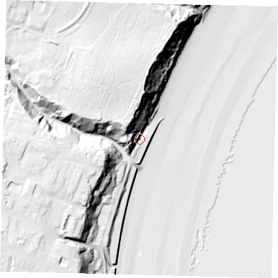 Shaded relief map of the ground around YO149LF, computed from Environment Agency LiDAR. The ground here sits at about 7 m above sea level and falls 41 m across the surrounding 800 m. Surface water reaching this point runs off ground lying to the north-north-west, 27.5 m higher.