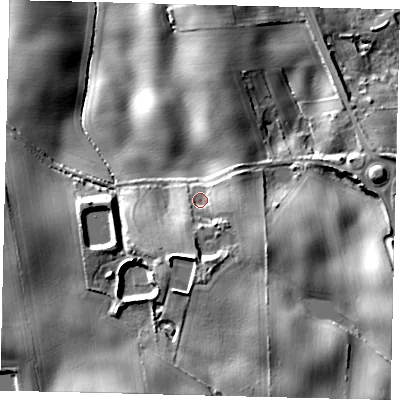 Shaded relief map of the ground around YO149QN, computed from Environment Agency LiDAR. The ground here sits at about 58 m above sea level and falls 24 m across the surrounding 800 m. Surface water reaching this point runs off ground lying to the south-east, 12.2 m higher.