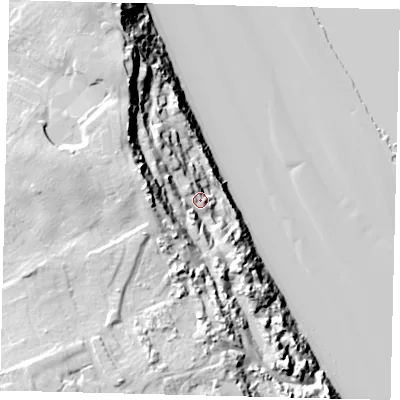 Shaded relief map of the ground around YO149RG, computed from Environment Agency LiDAR. The ground here sits at about 17 m above sea level and falls 48 m across the surrounding 800 m. Surface water reaching this point runs off ground lying to the west, 20.7 m higher.