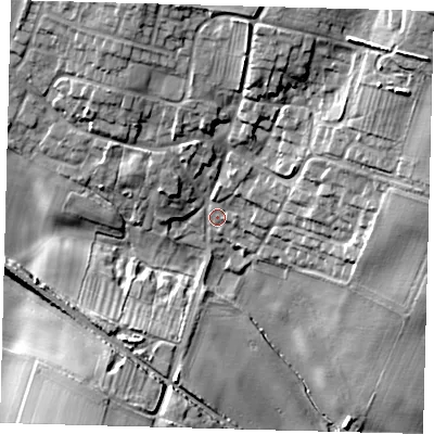 Shaded relief map of the ground around YO151HL, computed from Environment Agency LiDAR. The ground here sits at about 65 m above sea level and falls 26 m across the surrounding 800 m. Surface water reaching this point runs off ground lying to the north-east, 19.8 m higher.