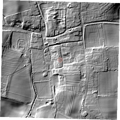 Shaded relief map of the ground around YO151PG, computed from Environment Agency LiDAR. The ground here sits at about 40 m above sea level and falls 13 m across the surrounding 800 m. Surface water reaching this point runs off ground lying to the east, 3.5 m higher.
