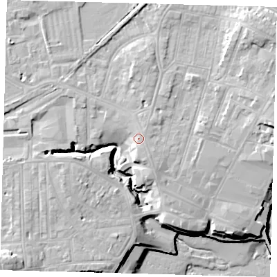 Shaded relief map of the ground around YO152AE, computed from Environment Agency LiDAR. The ground here sits at about 12 m above sea level and falls 18 m across the surrounding 800 m. Surface water reaching this point runs off ground lying to the south-south-east, 0.8 m higher.