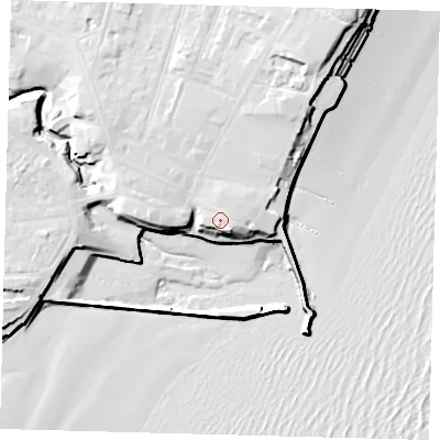 Shaded relief map of the ground around YO152NP, computed from Environment Agency LiDAR. The ground here sits at about 10 m above sea level and falls 18 m across the surrounding 800 m. Surface water reaching this point runs off ground lying to the north, 0.7 m higher.