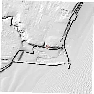 Shaded relief map of the ground around YO152NR, computed from Environment Agency LiDAR. The ground here sits at about 5 m above sea level and falls 18 m across the surrounding 800 m. Surface water reaching this point runs off ground lying to the north-north-east, 14.6 m higher.