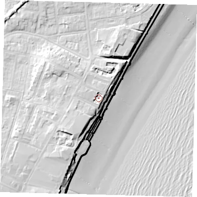 Shaded relief map of the ground around YO152PF, computed from Environment Agency LiDAR. The ground here sits at about 12 m above sea level and falls 19 m across the surrounding 800 m. Surface water reaching this point runs off ground lying to the west-north-west, 2.4 m higher.
