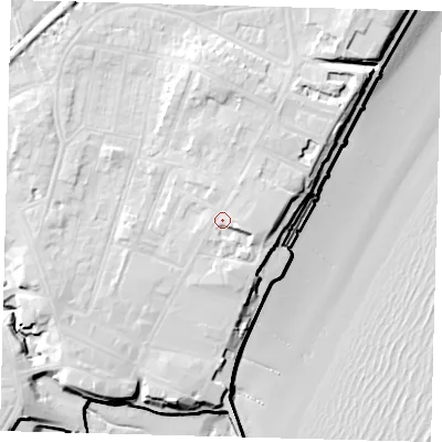 Shaded relief map of the ground around YO152QQ, computed from Environment Agency LiDAR. The ground here sits at about 14 m above sea level and falls 18 m across the surrounding 800 m. Surface water reaching this point runs off ground lying to the east-south-east, 1.9 m higher.