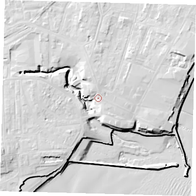 Shaded relief map of the ground around YO152SA, computed from Environment Agency LiDAR. The ground here sits at about 10 m above sea level and falls 18 m across the surrounding 800 m. Surface water reaching this point runs off ground lying to the west-north-west, 9.7 m higher.