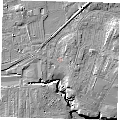 Shaded relief map of the ground around YO152SD, computed from Environment Agency LiDAR. The ground here sits at about 10 m above sea level and falls 16 m across the surrounding 800 m. Surface water reaching this point runs off ground lying to the north-north-east, 2.9 m higher.