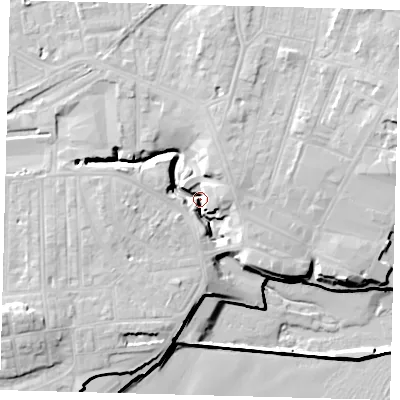 Shaded relief map of the ground around YO153AF, computed from Environment Agency LiDAR. The ground here sits at about 4 m above sea level and falls 18 m across the surrounding 800 m. Surface water reaching this point runs off ground lying to the west-north-west, 9.7 m higher.