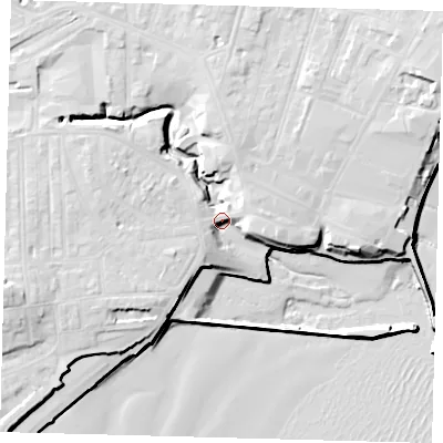 Shaded relief map of the ground around YO153AH, computed from Environment Agency LiDAR. The ground here sits at about 8 m above sea level and falls 18 m across the surrounding 800 m. Surface water reaching this point runs off ground lying to the north-west, 9.7 m higher.