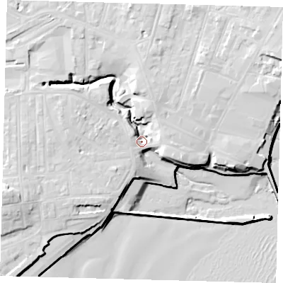 Shaded relief map of the ground around YO153AJ, computed from Environment Agency LiDAR. The ground here sits at about 8 m above sea level and falls 18 m across the surrounding 800 m. Surface water reaching this point runs off ground lying to the north-west, 9.7 m higher.