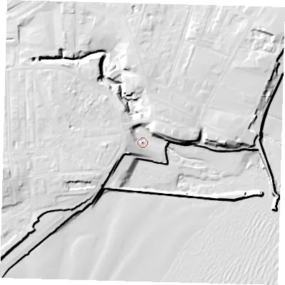 Shaded relief map of the ground around YO153AN, computed from Environment Agency LiDAR. The ground here sits at about 6 m above sea level and falls 18 m across the surrounding 800 m. Surface water reaching this point runs off ground lying to the north-west, 9.7 m higher.