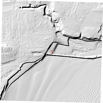 Shaded relief map of the ground around YO153AW, computed from Environment Agency LiDAR. The ground here sits at about 4 m above sea level and falls 18 m across the surrounding 800 m. Surface water reaching this point runs off ground lying to the north-west, 9.3 m higher.