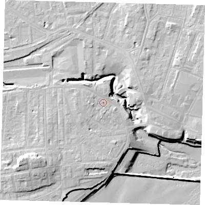 Shaded relief map of the ground around YO153BE, computed from Environment Agency LiDAR. The ground here sits at about 11 m above sea level and falls 19 m across the surrounding 800 m. Surface water reaching this point runs off ground lying to the west, 2.4 m higher.