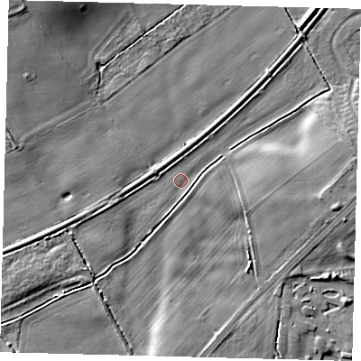 Shaded relief map of the ground around YO153EY, computed from Environment Agency LiDAR. The ground here sits at about 9 m above sea level and falls 7 m across the surrounding 800 m. Surface water reaching this point runs off ground lying to the east, 4.9 m higher.