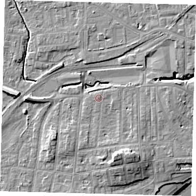 Shaded relief map of the ground around YO153EZ, computed from Environment Agency LiDAR. The ground here sits at about 11 m above sea level and falls 16 m across the surrounding 800 m. Surface water reaching this point runs off ground lying to the south-south-east, 6.0 m higher.