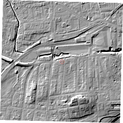 Shaded relief map of the ground around YO153HA, computed from Environment Agency LiDAR. The ground here sits at about 11 m above sea level and falls 16 m across the surrounding 800 m. Surface water reaching this point runs off ground lying to the east-north-east, 1.1 m higher.