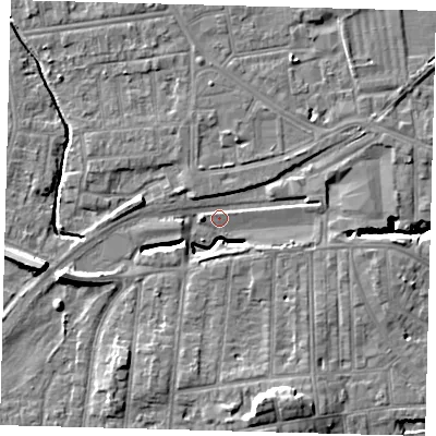 Shaded relief map of the ground around YO153HB, computed from Environment Agency LiDAR. The ground here sits at about 10 m above sea level and falls 11 m across the surrounding 800 m. Surface water reaching this point runs off ground lying to the south-south-east, 9.8 m higher.