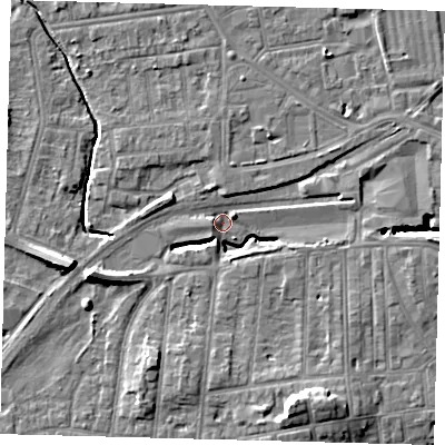 Shaded relief map of the ground around YO153HD, computed from Environment Agency LiDAR. The ground here sits at about 9 m above sea level and falls 11 m across the surrounding 800 m. Surface water reaching this point runs off ground lying to the south-south-east, 9.8 m higher.